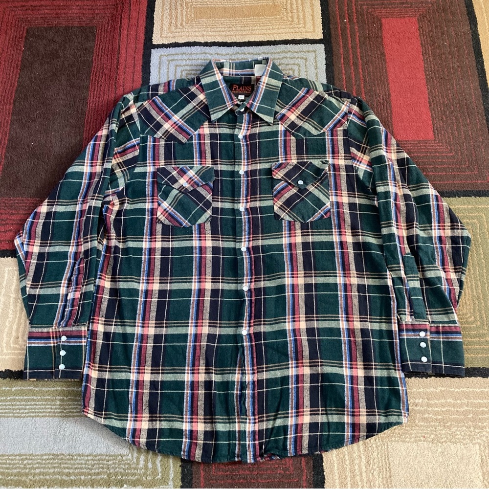 Vintage Plains Western Wear Pearl Snap Button Plaid Flannel Shirt Men's L